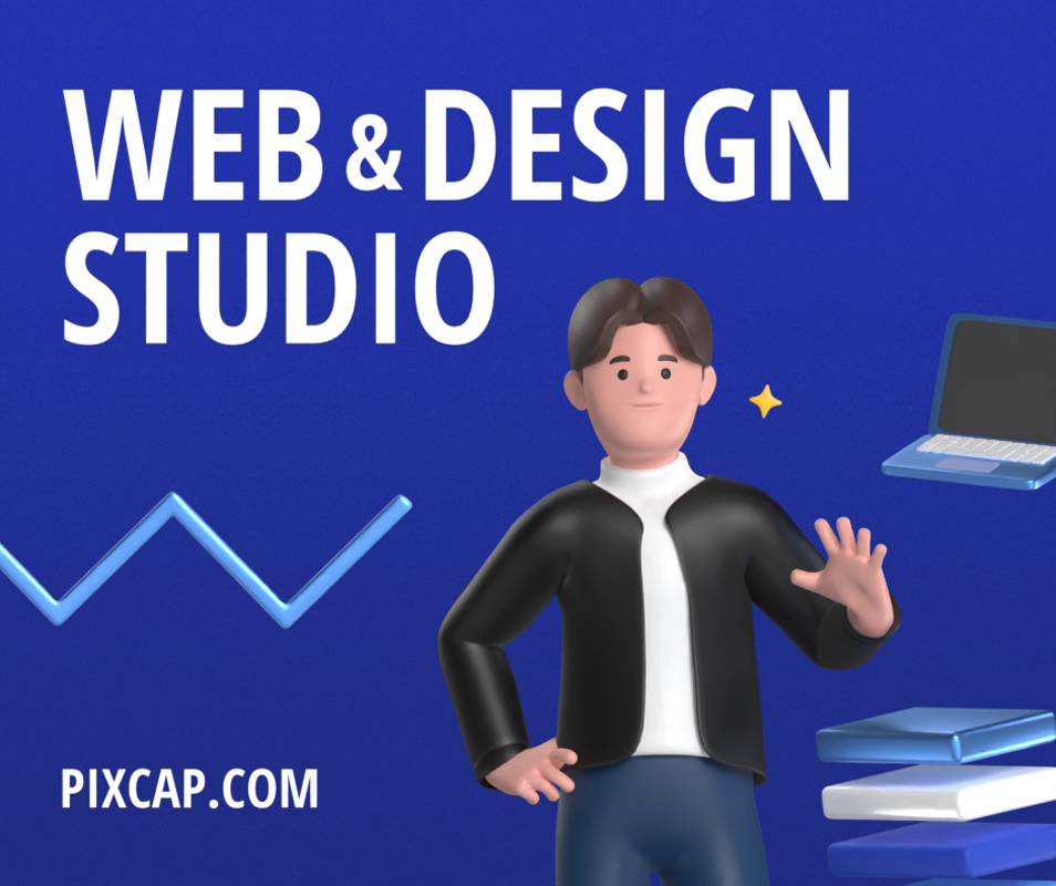 Website And Design Studio Collection Information Post With 3D Designer Casual Character And Trendy Gradient Background