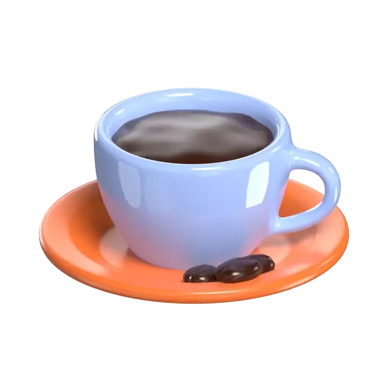 Xícara de café 3D com alguns grãos em um pires 3D Graphic