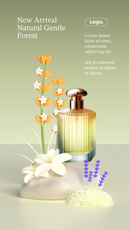 Natural Perfume Ads Design with A Product, Flowers and Stone 3D Template