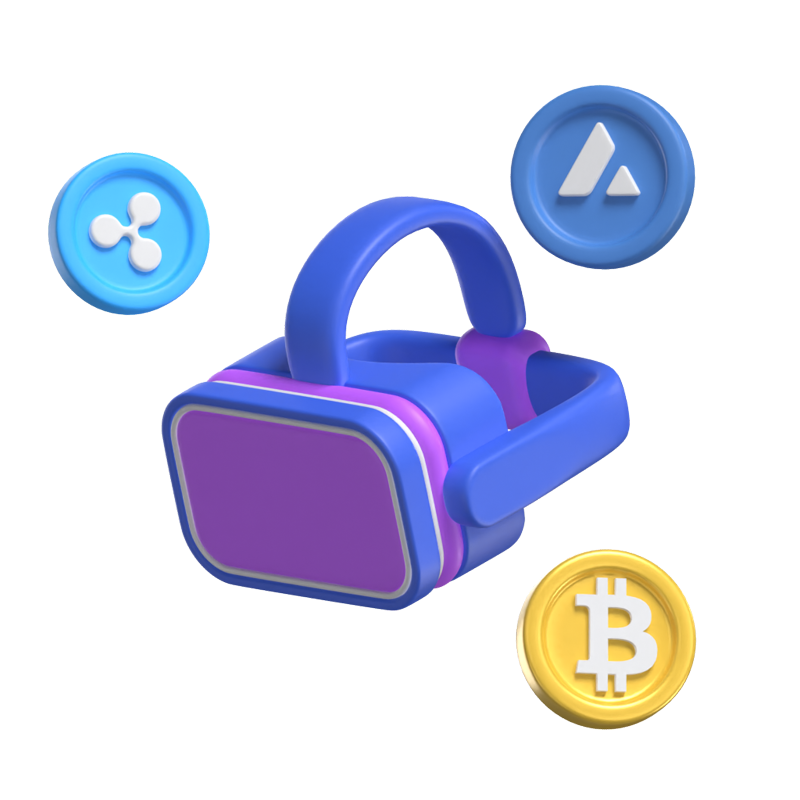 Galería virtual NFT en 3D con iconos criptográficos