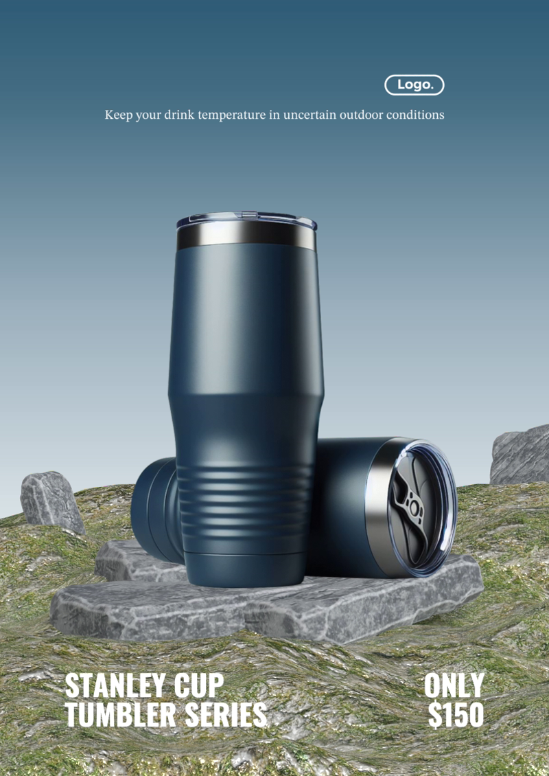 Stanley Tumbler Ads Design with Stone Podium and Natural Environment 3D Poster 3D Template