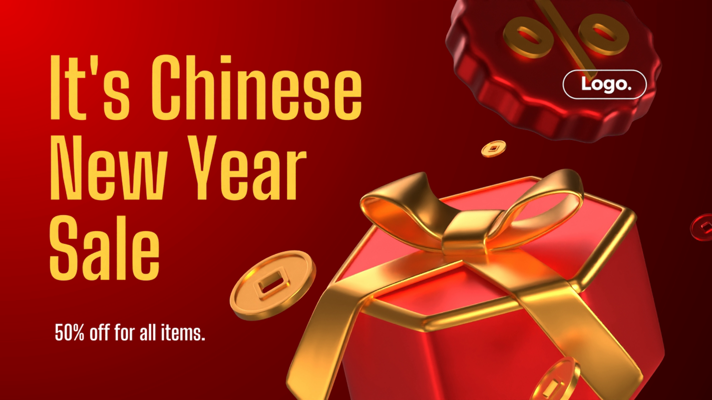 3D Banner for Chinese New Year Discount with Chinese Giftbox, Coins and Percentage