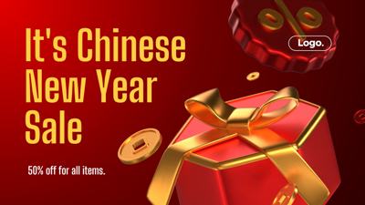 3D Banner for Chinese New Year Discount with Chinese Giftbox, Coins and Percentage 3D Template