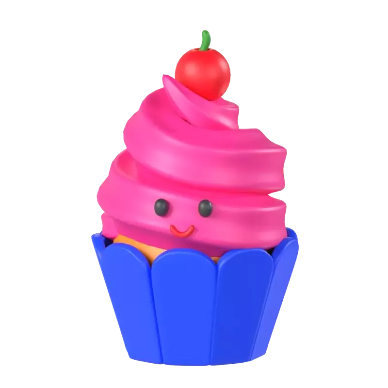 3D Cupcake With Happy Face And Cherry On Top