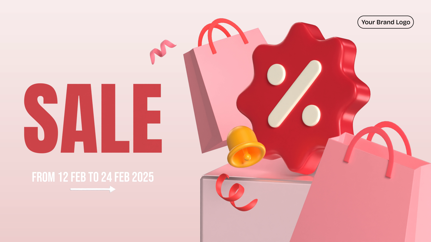 Promotion Sale Banner With Big Red Sale Symbol And Pink Bags 3D Template