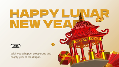 Greeting for Lunar New Year with Pagoda, Giftbox, Cons and Fan 3D Banner 3D Template
