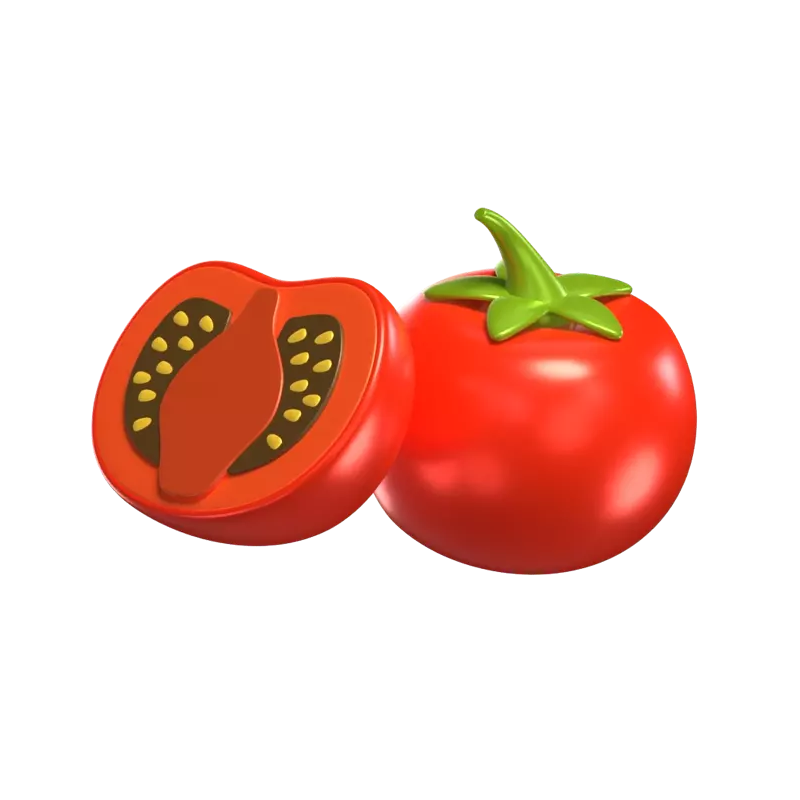 Dois modelos de tomate em 3D com folhas e fatias