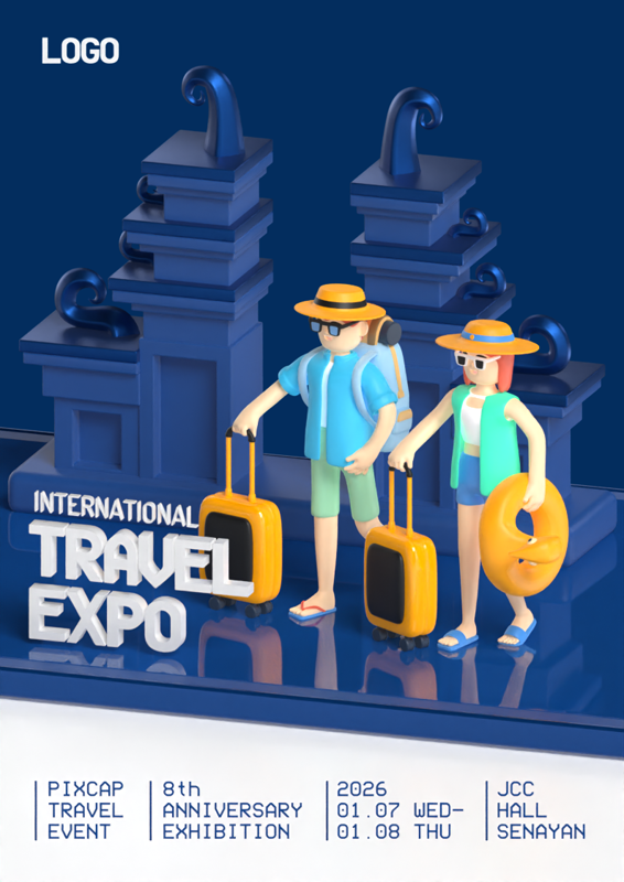 International Travel Expo 3D Poster With Man And Woman Characters