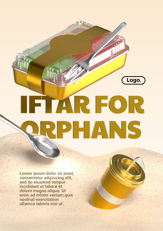 Iftar for Orphans Poster with Spoon, Fork, Food Box and A Cup Drink in the Desert 3D Template