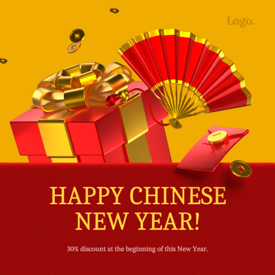 Chinese New Year Marketing Post with Illustrations of Giftbox, Fan, Coins and Red Packets 3D Template 3D Template