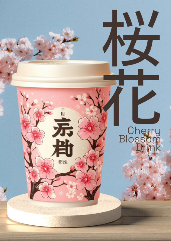 Sukura Cherry Blossom Japanese Podium Display With Takeaway Coffee Cup Drinks 3D Template