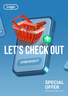 Let's Check Out 3D Poster with Phone, Shopping Basket and Plus Button Illustration 3D Template
