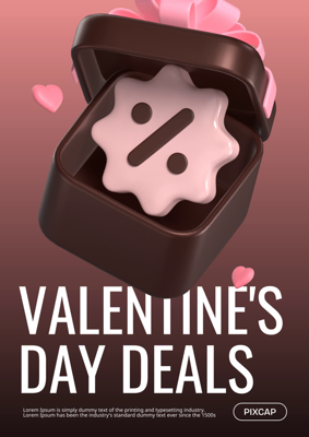 Valentine's Day Deals With Chocolate Brown Box And Lovely Pink Sale Symbol 3D Template 3D Template