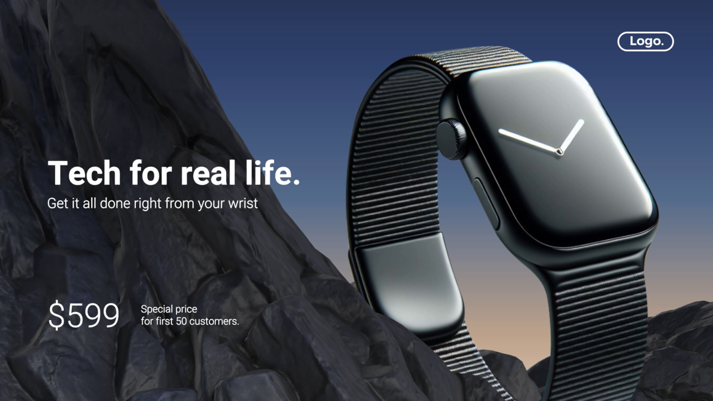 Smart Watch 3D Web Banner with Cliff Rock Background