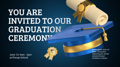 Graduation Ceremony Invitation with Graduation Hat, Diploma Certificate and Medal 3D Template 3D Template