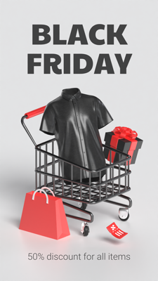 Instagram Story Black Friday with Illustrations of Trolley, T-Shirt, Giftbox, Voucher and Shopping Bag 3D Template 3D Template