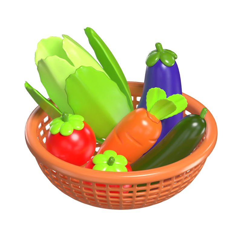 3D Veggies in Basket Fresh Harvest 3D Graphic