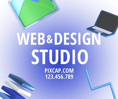 Website And Design Studio Collection Information Post Contact Page Trendy Gradient Blue White Background 3D Template
