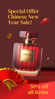 Discount Announcement for Chinese New Year with Fan, Red Pocket, Coins and A Product 3D Template 3D Template