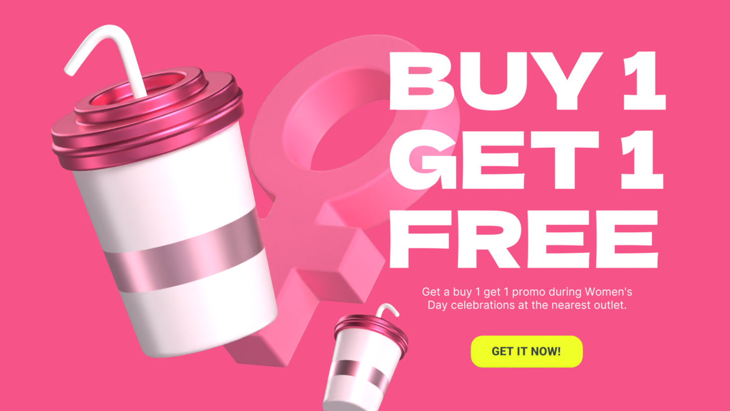 Buy 1 Get 1 Free Ads Design for Celebrating Women's Day with 2 Coffee Cups 3D Banner