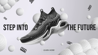 Running Shoes Advertising Web Banner With Basic Shapes Black And White 3D Template