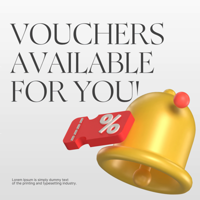 Voucher Available Promotion Notification With Big Bold Yellow Bell And Red Voucher 3D Template 3D Template