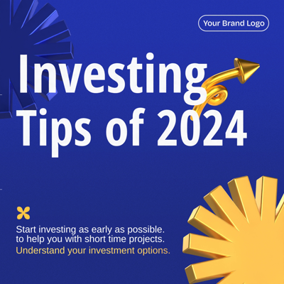 Investing Tips of 2024 Information Post With Golden 3D Elements And Vivid Blue Background 3D Template