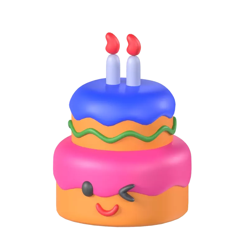 Birthday Cake 3D Model With Winking Face And Two Candles 3D Graphic