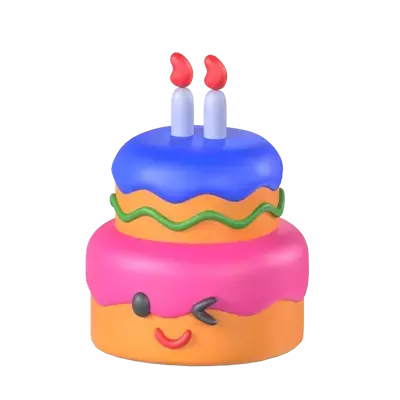 Birthday Cake 3D Model With Winking Face And Two Candles 3D Graphic