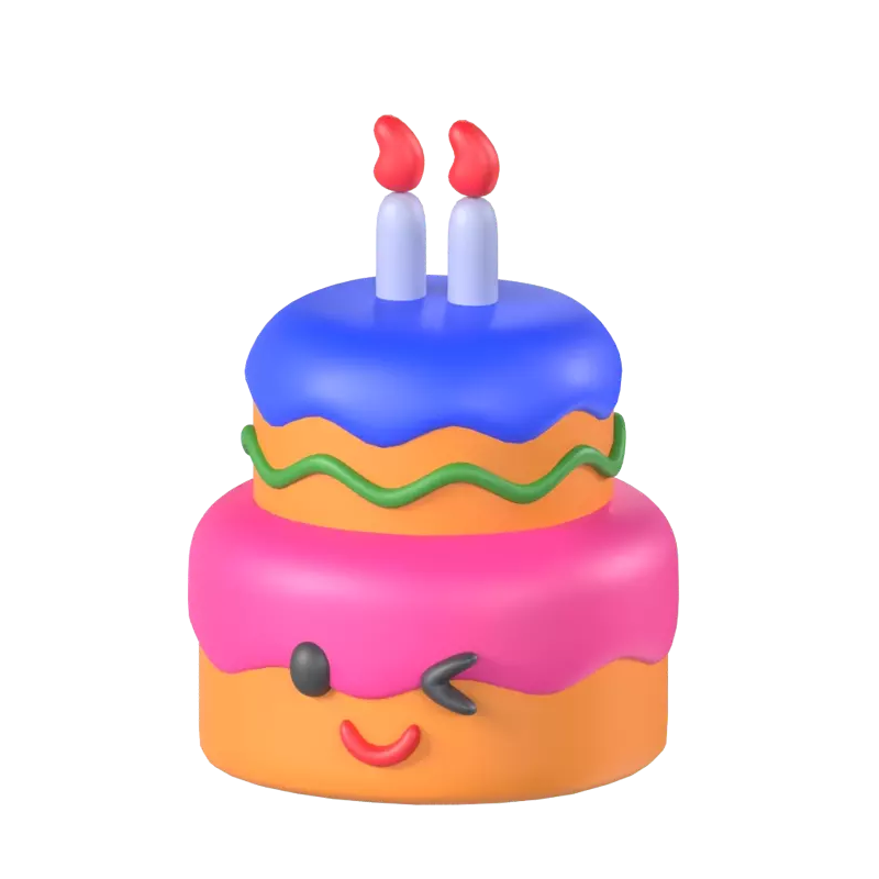 Modelo 3D de bolo de aniversário com rosto piscante e duas velas 3D Graphic