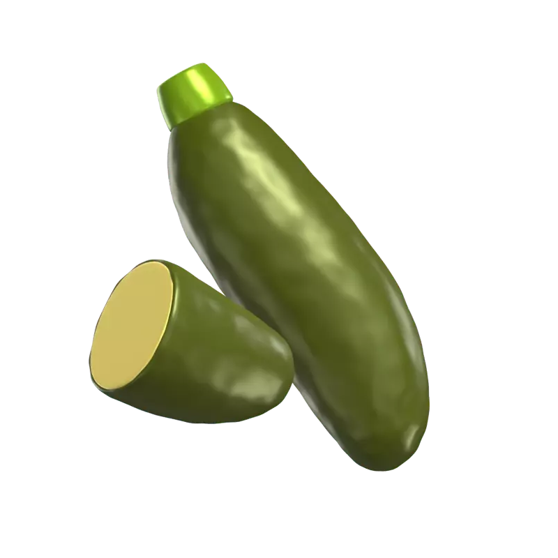 Zwei 3D-Zucchini-Modelle und in Scheiben geschnittene Zucchini 3D Graphic