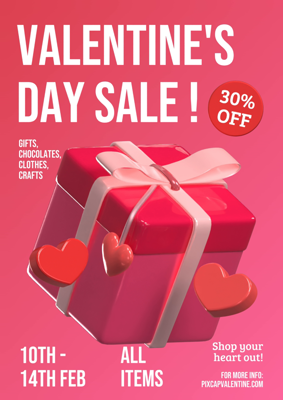 Valentine's Day Sale Poster 3D Design Featuring Gift Box And Red Hearts 3D Template
