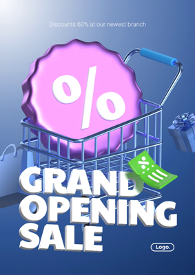 Grand Opening Poster with Trolley and Percentage Object 3D Template