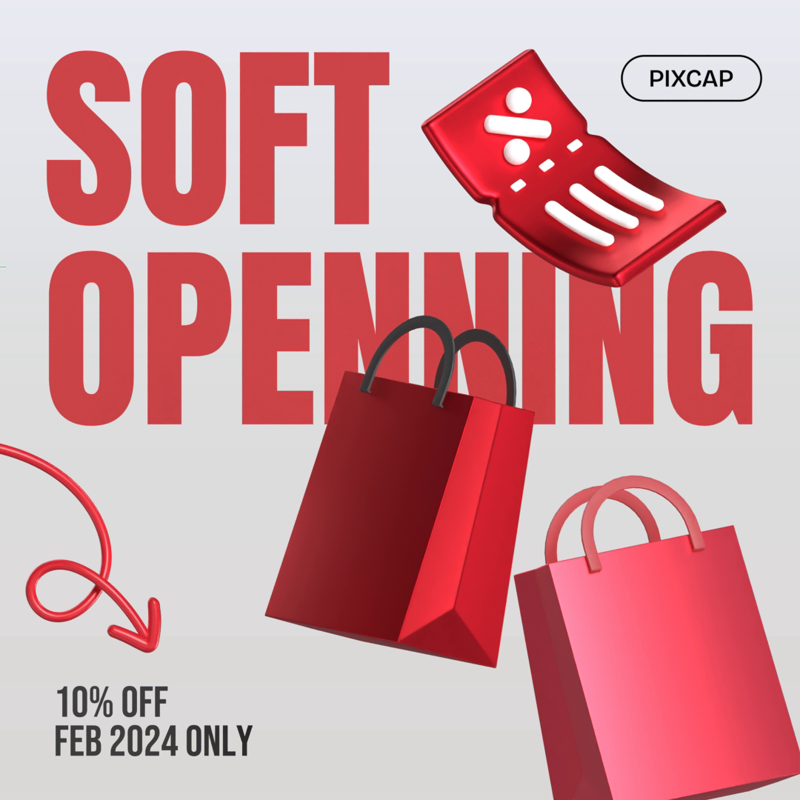 Soft Opening Marketing Post With Big Red Typo And Red Shopping Bags 3D Template 3D Template