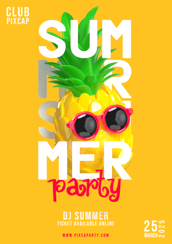 Tropical Summer Party Poster Potrait With  Pineapple Wear Glasses 3D Template