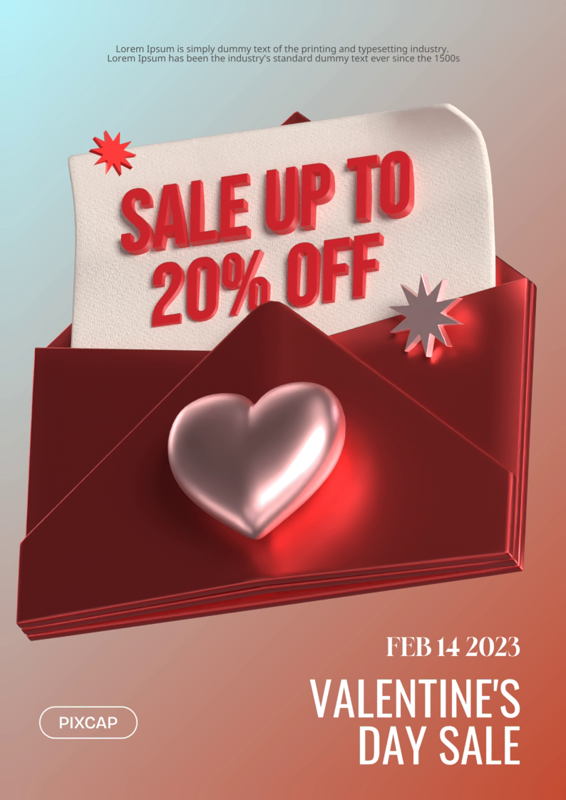 Valentine's Day Big Sale Promotion Post With Letter And Big Metallic Heart Decoration 3D Template