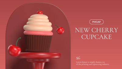 Red Elegant Podium Showing Cupcake And Cherries On Beautiful Red Background 3D Template 3D Template